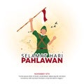 Square Selamat Hari Pahlawan Nasional or Happy Indonesia Heroes Day background with a hero in a battlefield