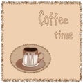 Square serviette with grunge wavy fringe. Applique with coffee cup and lettering Coffee time . Isolated on white