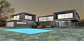 Square-shaped blue pool in a paved area of the stunning elite cottage at night time. 3d rendering