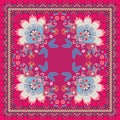 Square shawl or carpet with paisley, half of mandala and ornamental floral border in vintage oriental style. Indian motives Royalty Free Stock Photo