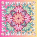 Square shawl with flower mandala, medallion and cute cartoon indian elephants in ethnic style