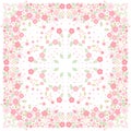 Square silk neck scarf with floral ornament from pink flowers on white background. Bandana print
