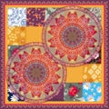 Square silk scarf, cushion, greeting or invitation card with flowers mandalas and round paisley border in patchwork style.