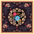 Square silk scarf in indian style with mandala, paisley, flowers and fairy birds on black background. Vector summer design.