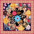Square silk scarf with stylized mandala, patchwork ornament and paisley border in vector. Ethnic oriental motives. Summer design