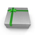 Square silver giftbox with lid tied with an ornamental green ribbon on white. 3D illustration Royalty Free Stock Photo