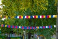 Square small flags of red, white, yellow, blue are hanging on a rope between the trees in the summer. ropes with flags Royalty Free Stock Photo