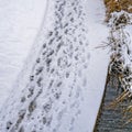 Square Snowy trail along Oquirrh Lake with track marks