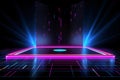 Square stage with pink blue neon light and screen pixels glowing dots background. Glowing neon lines. Empty stage laser. Catwalk