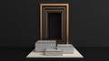 Square stone pedestal, golden border and black floor, and black walls with Square frame.The golden frame can be used for commercia