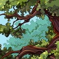 Square summer cartoon background on tall tree branches