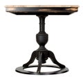 square table with a central black curly leg with a round base