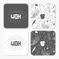 Square table coaster templates set with doodle wok noodles pattern and logo template