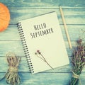 Notebook with pencil and autumn pumpkins Royalty Free Stock Photo