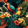 Square tropical plant background. Leaves, flowers and toucan bird in a rainforest composition. Floral pattern.