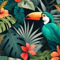 Square tropical plant background. Leaves, flowers and toucan bird in a rainforest composition. Floral pattern.