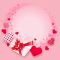 Square Valentine\'s Day greeting card template. Frame with white and red gift boxes isolated on pink background.
