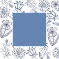 Square vector frame blue of flowers, bells, cornflowers, daisies, herbs. Everything is hand-drawn with ink, suitable for Royalty Free Stock Photo
