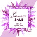 Square vector frame with fern frond background and Summer Sale 50 percent off special offer text.