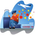 A square vector image with an infected man going to travel by airplane.