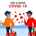 A square vector image with a man being in the public store and wearing a medical mask.