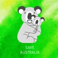 A square vector image with a text Save Australian wildlife and a koala with a cub. Environment protection illustration. Forest and
