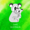 A square vector image with a text Save Australian wildlife and a koala with a cub. Environment protection illustration. Forest and Royalty Free Stock Photo