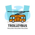 A square vector image of a trolleybus in the city. Outline doodle illustration. A cute cartoon design