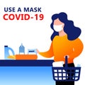 A square vector image with a woman being in the store and wearing a medical mask.