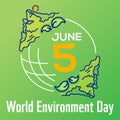 Square vector poster World environment day with line drawn illustration, lettering and earth isolated on green background. Banner Royalty Free Stock Photo
