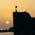 Yellow sun over the horizon at sunset, building silhouette in first plan with a spotlight at the top, Madeira island, Portugal.