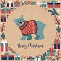 Square Vintage Christmas postcard with a bear, gifft boxes and the inscription MERRY CHRISTMAS