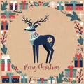 Square Vintage Christmas postcard with a deer, gifft boxes and the inscription MERRY CHRISTMAS