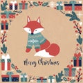 Square Vintage Christmas postcard with a fox, gifft boxes and the inscription MERRY CHRISTMAS