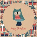 Square Vintage Christmas postcard with a owl, gifft boxes and the inscription MERRY CHRISTMAS