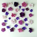 Square violet flat arrangement in checkerboard pattern of buds of Saintpaulia pink, lilac, purple, lilac, crimson, white, mottled