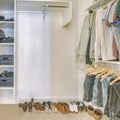 Square Walk in closet interior with hanging clothes and shoes on the floor