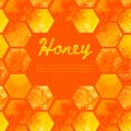 Square warm card with watercolor honeycomb with splashes and place for text. Sweet honey and treats. Vector template