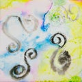 Square watercolor with black swirls on green, yellow and blue.