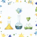 Square watercolor composition with stars and dots frame and colorful cartoon chemistry lab glassware, on white background