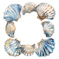 square watercolor sea shell frame in muted blues and beige empty in the middle on a white background