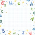 Square watercolor whimsical letters, dots and stars frame, fun kids graphics, school, study, learning, reading, preschool, themed