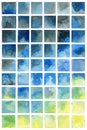 Square watercolour mosaic. Gradient texture on white background. Abstract blot effects.