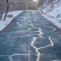 Square Weathered road on mountain with snow in winter