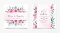 Square wedding invitation card template set with watercolor flowers decoration and gold line decoration. Peach roses illustration Royalty Free Stock Photo