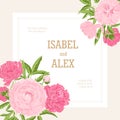 Square wedding invitation template decorated with blossoming pink peony flowers. Gorgeous garden flowering plants