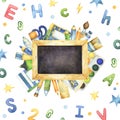 Square whimsical letters, dots and stars frame with watercolor blackboard and art and craft supplies arrangement graphics Royalty Free Stock Photo
