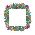 Square frame with color doodle flowers and leaves Royalty Free Stock Photo