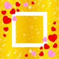 Square white frame and red pink heart shape for template banner valentines gold background, many hearts shape on gold gradient Royalty Free Stock Photo