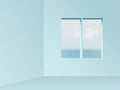 Square window view from blue empty room abstract background. View on blue sky, sea and clouds vector illustration